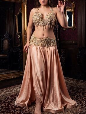 Belly Dance Luxury Embroidered Swarovski crystals peach pink costume